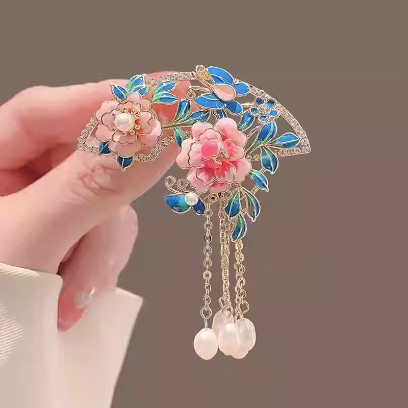 Vintage Enamel Peony Pearl Tassel Brooch for Women – Adjustable Pink Qipao Accessory