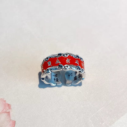 Vintage Sterling Silber Cloisonné Emaille Verstellbarer Ring – Chinesischer ethnischer Sechs-Zeichen-Mantra-Damenring
