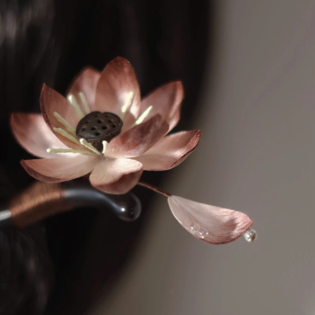 Elegant long hairpin crafted with silk thread, copper wire, and natural sandalwood for traditional bun styling and modern aesthetic fashion