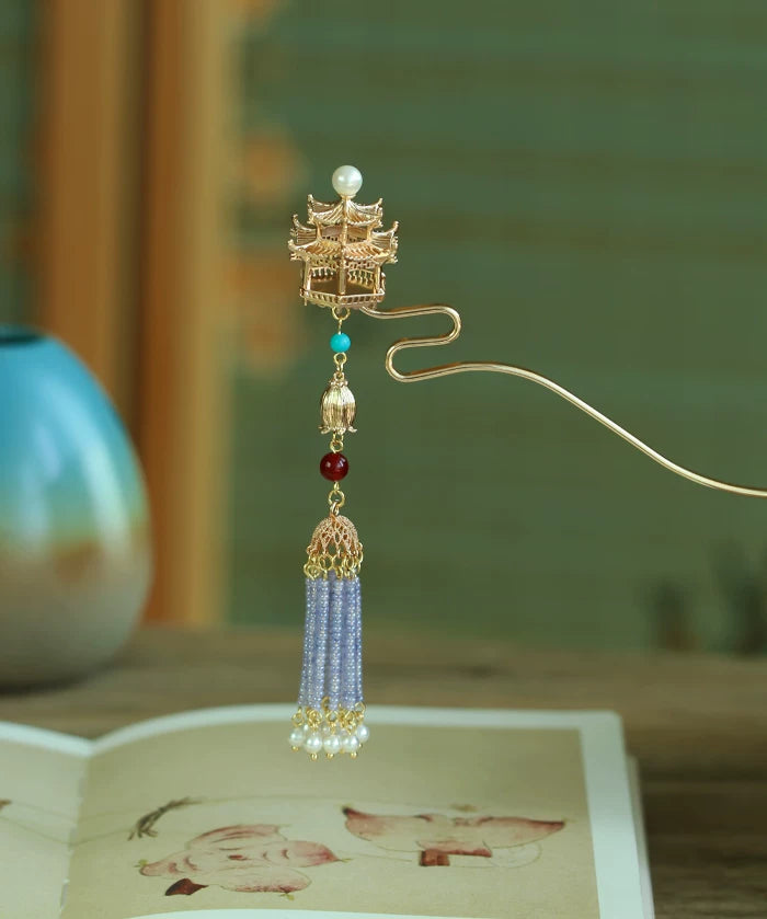 Tassel Hairpin Stick | Gold-Plated Copper Chinese Hair Accessory with Turquoise, Agate & Pearl