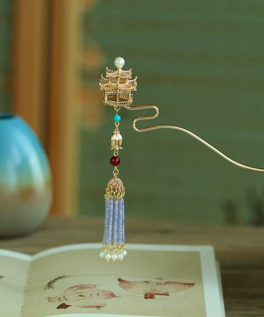 Tassel Hairpin Stick | Gold-Plated Copper Chinese Hair Accessory with Turquoise, Agate & Pearl