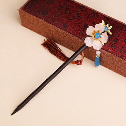 Weiße Blume 3 Blaue Perle Blauer Jader Chalcedon Quasten-Haarnadel - Holz