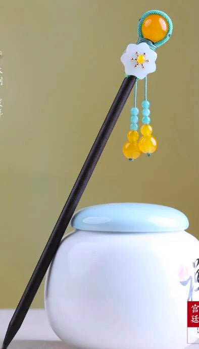 White Flower 5 glaze Beads Tassel Hairpin-Wood