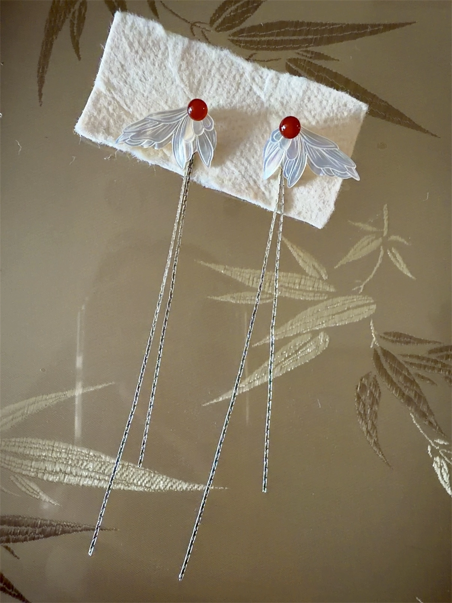 White Mother-of-Pearl Butterfly Wing Tassel Earrings