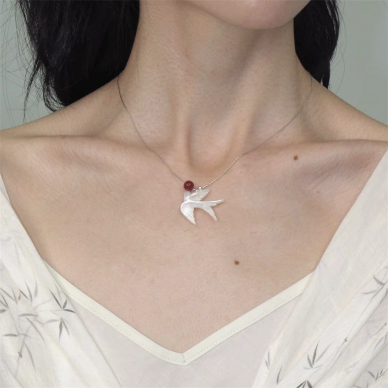 Chinese Feng Bird Necklace – White Shell & Red Agate Minimalist Pendant