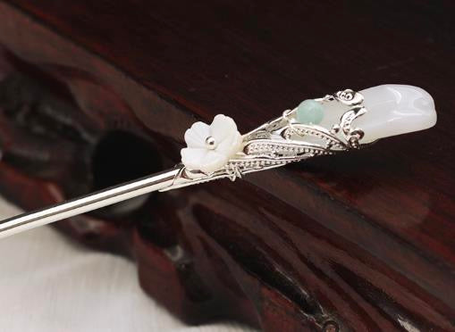White flower white jade hairpin-alloy