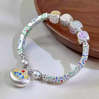 999 Reinsilber Emaille Blumen Armband – Verstellbare, gebogene Röhren-Handkette für Damen | Wunscherfüllungs-Schmuck