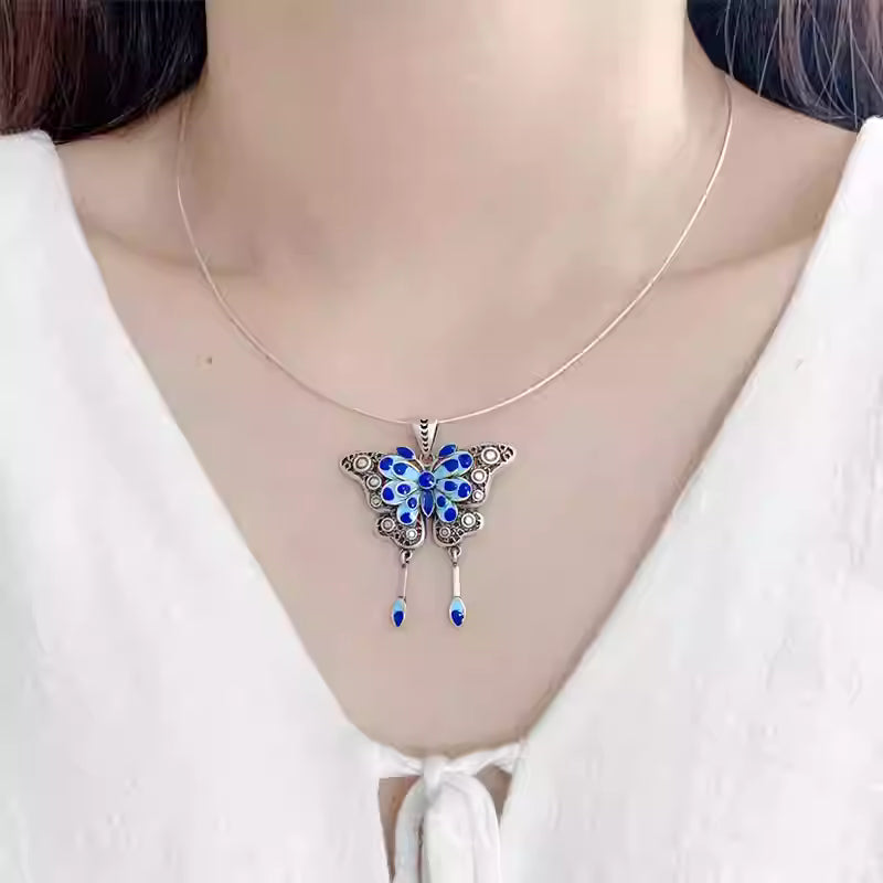 Blue Enamel Butterfly Tassel Pendant Necklace – 990 Silver Elegant Vintage Accessory