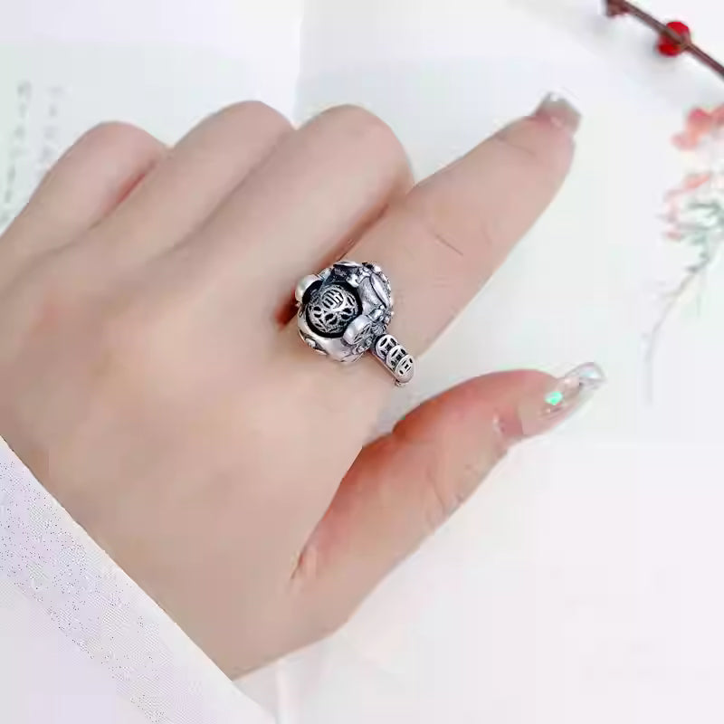 990 Pure Silver Rotating Pi Xiu Ring – Adjustable Open Band Coin Style Ring for Women | Feng Shui Jewelry