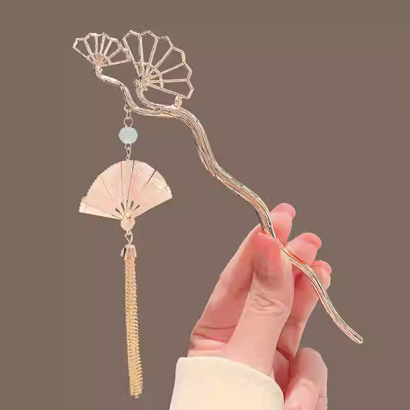 Foldable Fan Tassel Hair Pin for Women – New Chinese Style Gold Alloy Hair Stick | Elegant Classical Hair Accessory