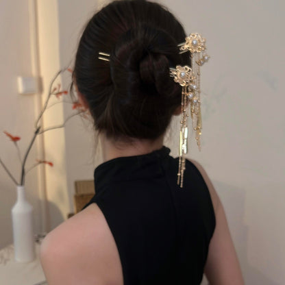 Goldene chinesische Haarnadel mit langer Quaste – Handgemachtes U-förmiges Haaraccessoire im Dunhuang-Stil für den Stufenschüttler