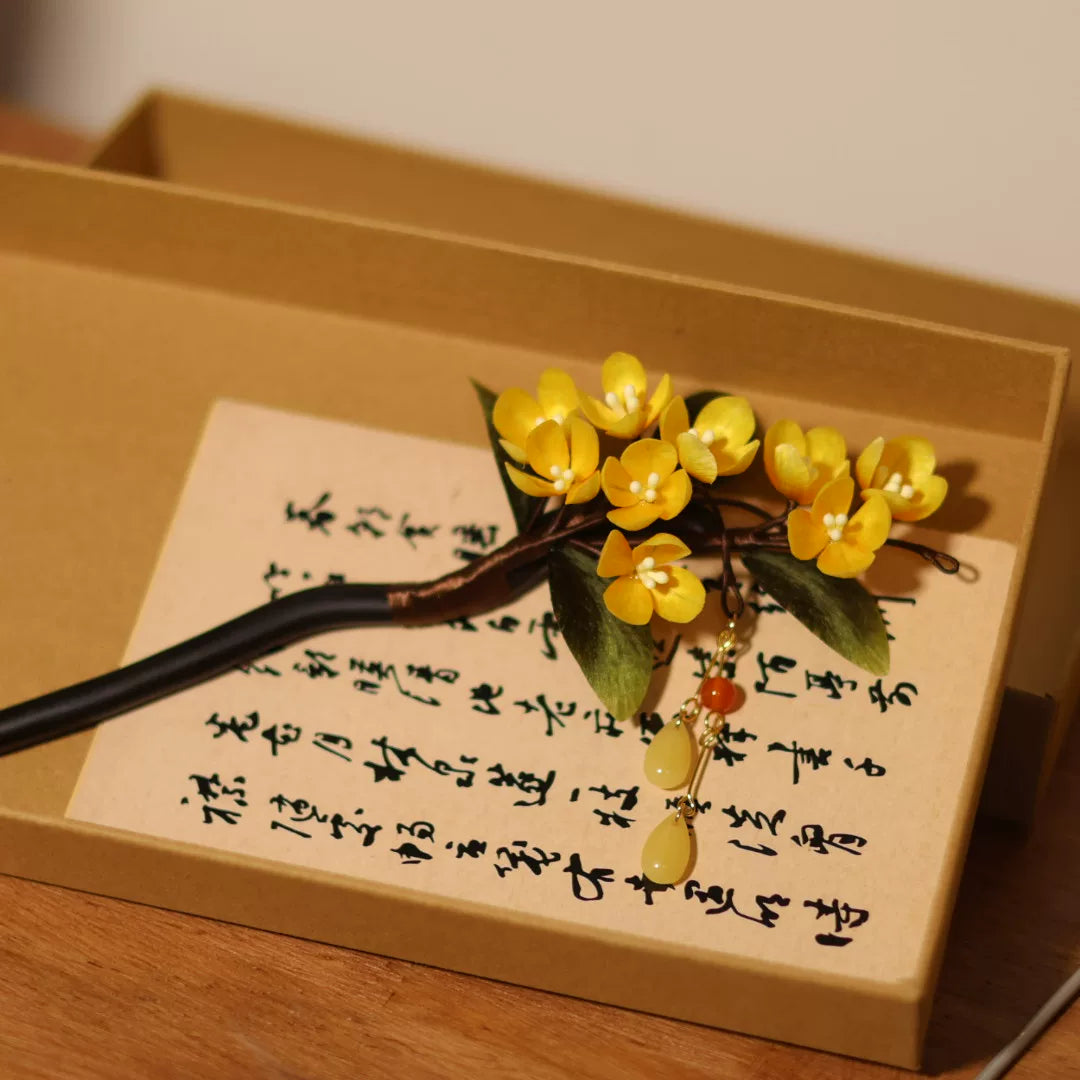 Osmanthus Hairpin | Silk Floral Hair Accessory with Sandalwood Stick for Hanfu & Qipao