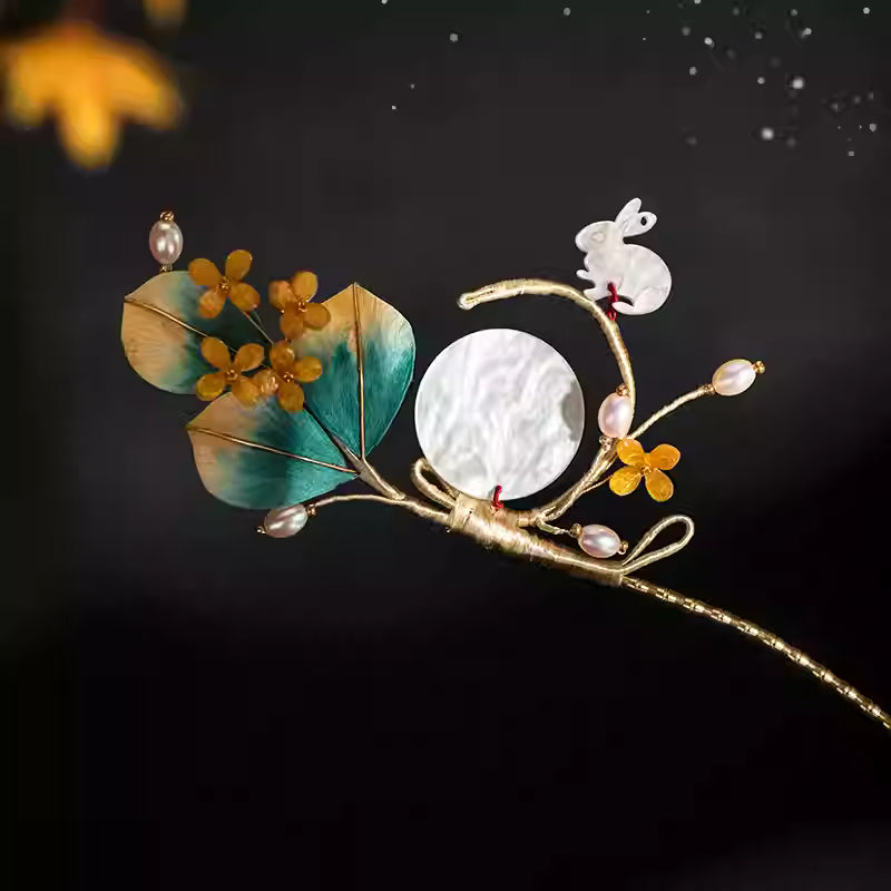 Zheguiling Osmanthus Jade Rabbit Hair Pin – Mid-Autumn Festival Inspired Silk & Pearl Hairpin for Women, Adjustable, Yellow