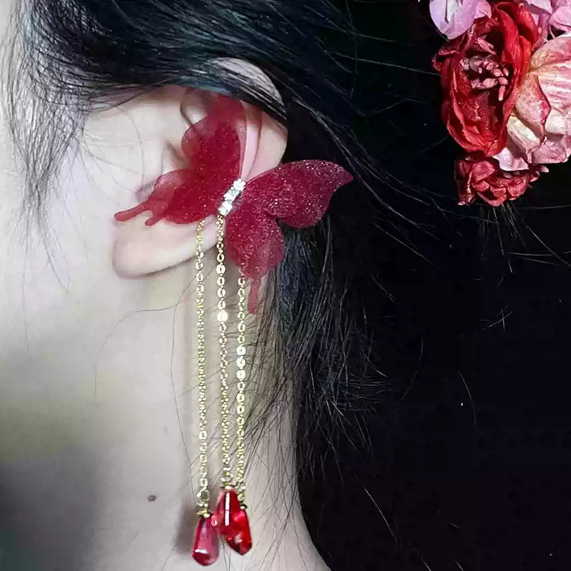 Zhuang Zhou Dream Butterfly Ear Cuff – Wine Red Butterfly Tassel Ear Clip