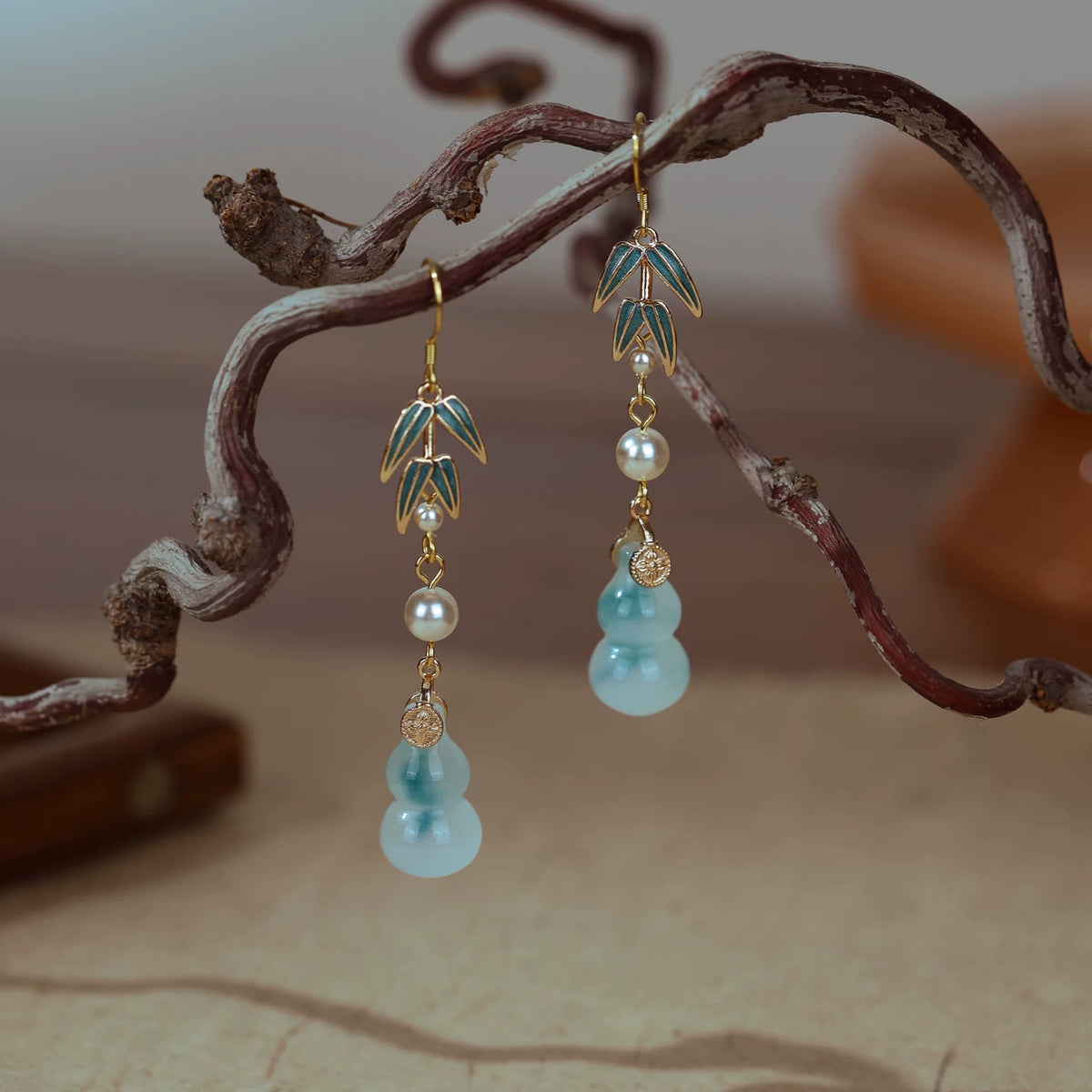 Bamboo leaf and pale blue quartz gourd earrings with gold-plated S925 silver hooks