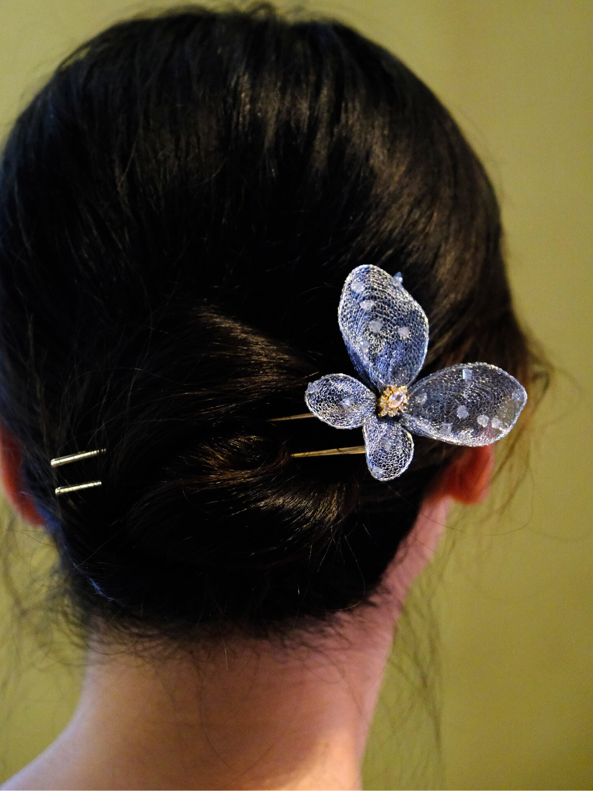 Blue butterfly metal-mesh ornament on a U-shaped hairpin