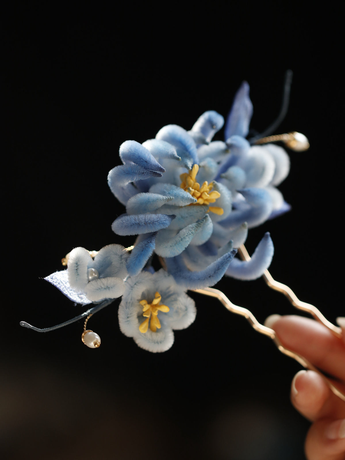 Blue and white chrysanthemum blossoms on the hairpin