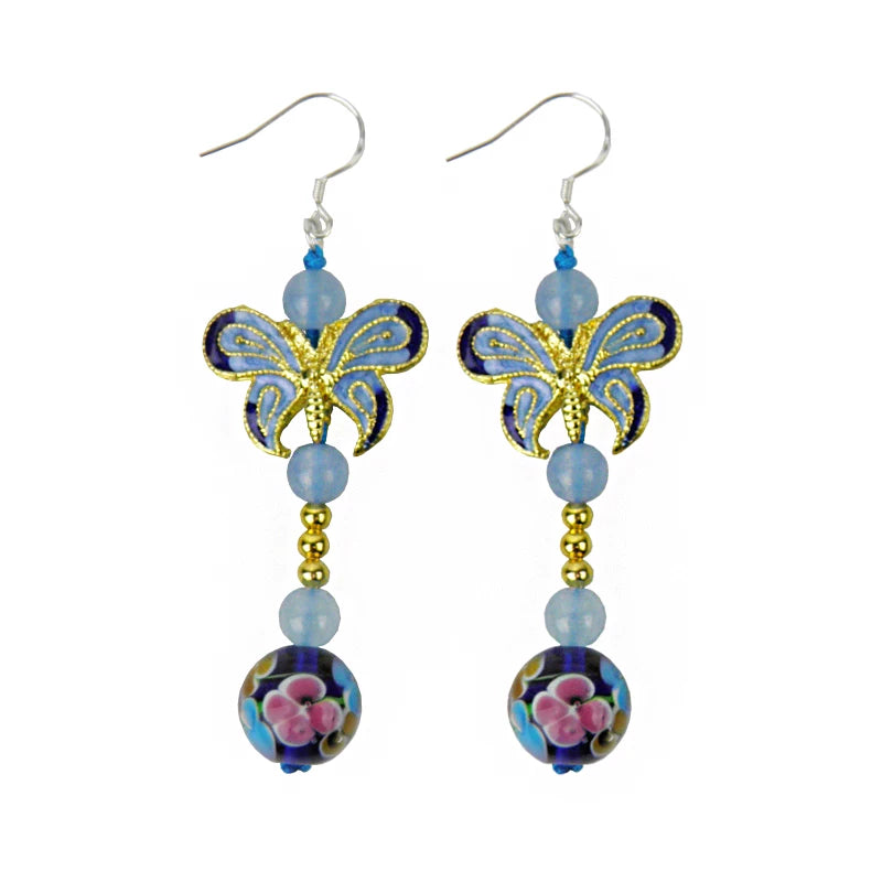 Pair of blue cloisonne-style butterfly drop earrings with silver hooks