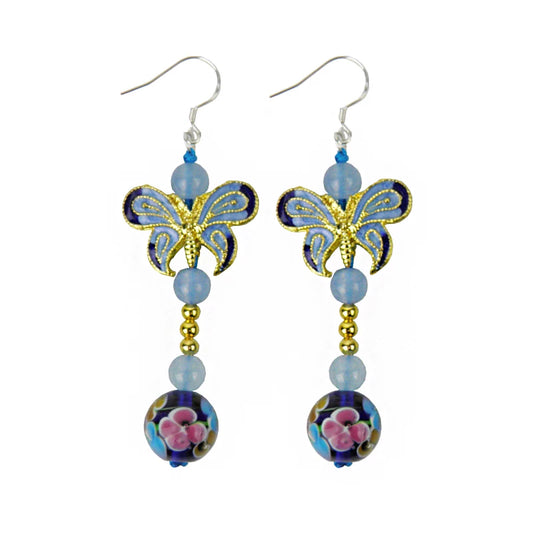 Pair of blue cloisonne-style butterfly drop earrings with silver hooks