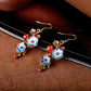 Blue cloisonne flower and red agate drop earrings with standard hooks