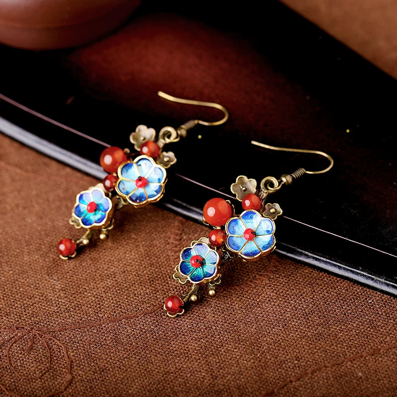 Blue cloisonne flower and red agate drop earrings with standard hooks