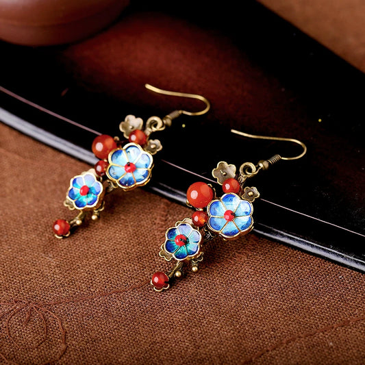 Blue cloisonne flower and red agate drop earrings with standard hooks