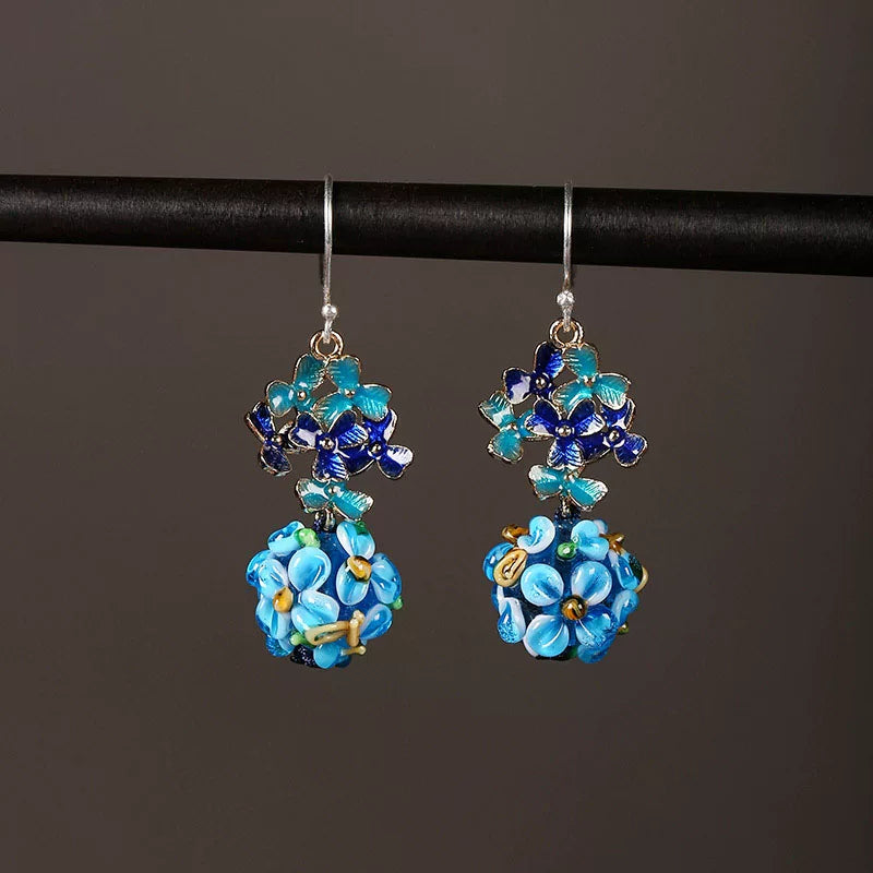 Blue floral drop earrings with 925 silver ear hooks
