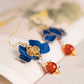 Angled view of the blue flower earrings and decorative reverse