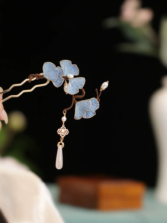 Blue ginkgo leaf U shaped hairpin with pearl and tassel for Hanfu styling