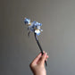 Front view of handmade blue iris Ronghua hairpin