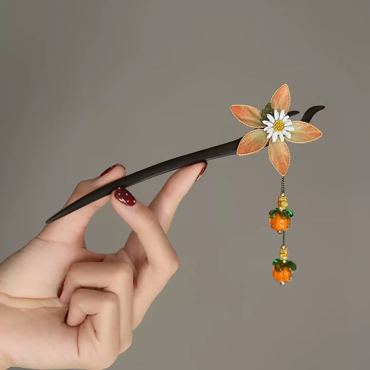 Ebony wood hair stick with silk flower and glass persimmon charms