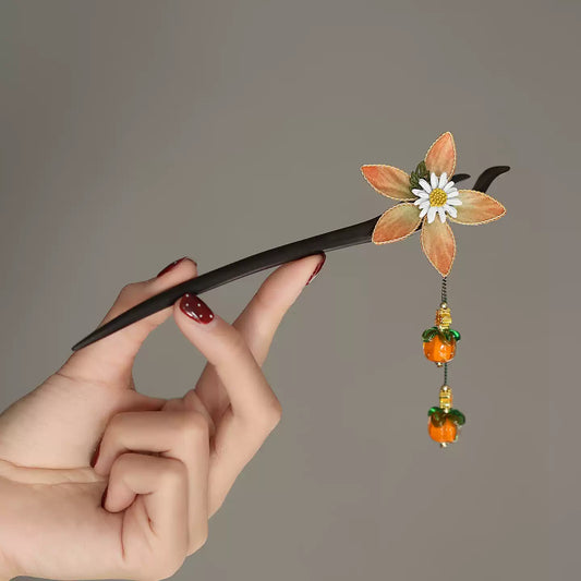 Ebony wood hair stick with silk flower and glass persimmon charms