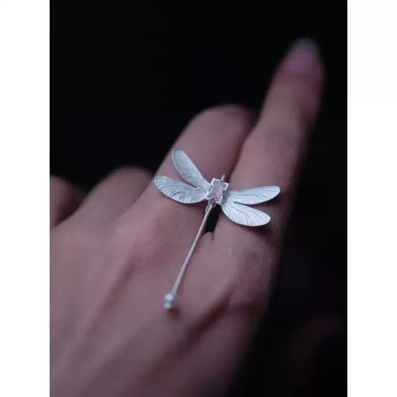 Textured Dragonfly Zircon Brooch – New Chinese Style Silver-Plated Copper Lapel Pin