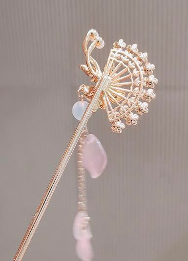 Pink flower fan shaped 2 pink bead tassel hairpin