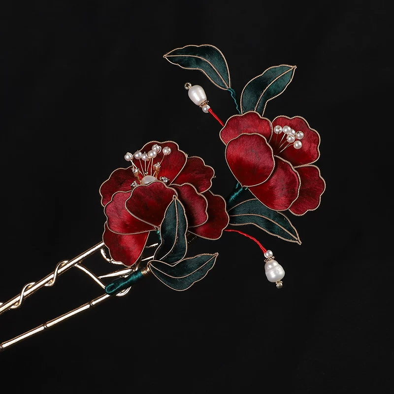 Burgundy floral U-shaped hairpin without a tassel