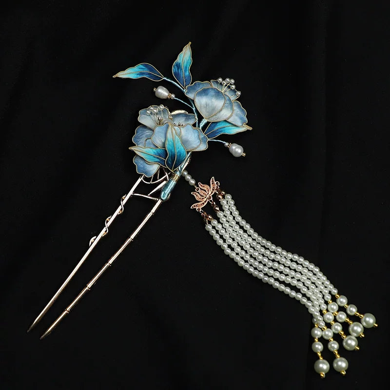 Light Blue floral U-shaped hairpin with a white beaded tassel