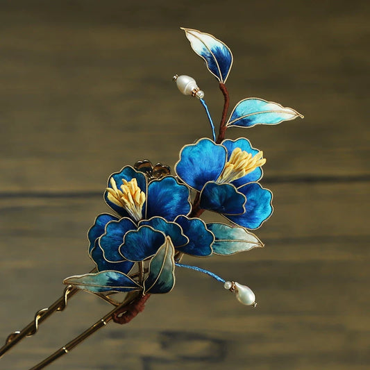 Royal Blue floral U-shaped hairpin without a tassel