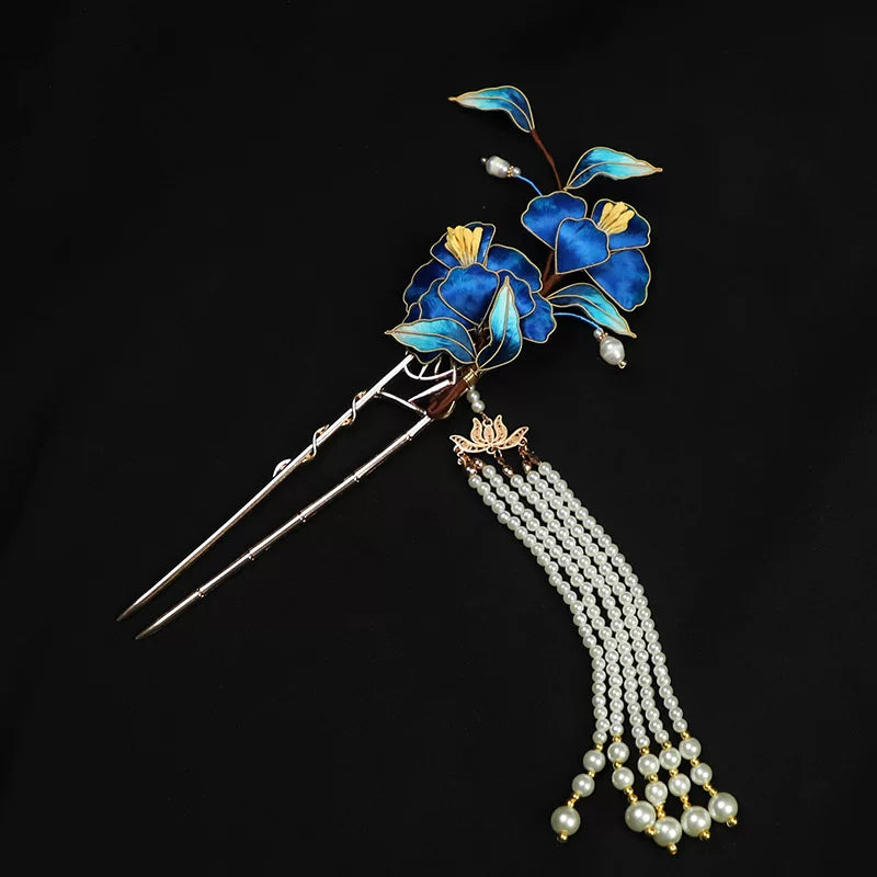 Royal Blue floral U-shaped hairpin with a white beaded tassel