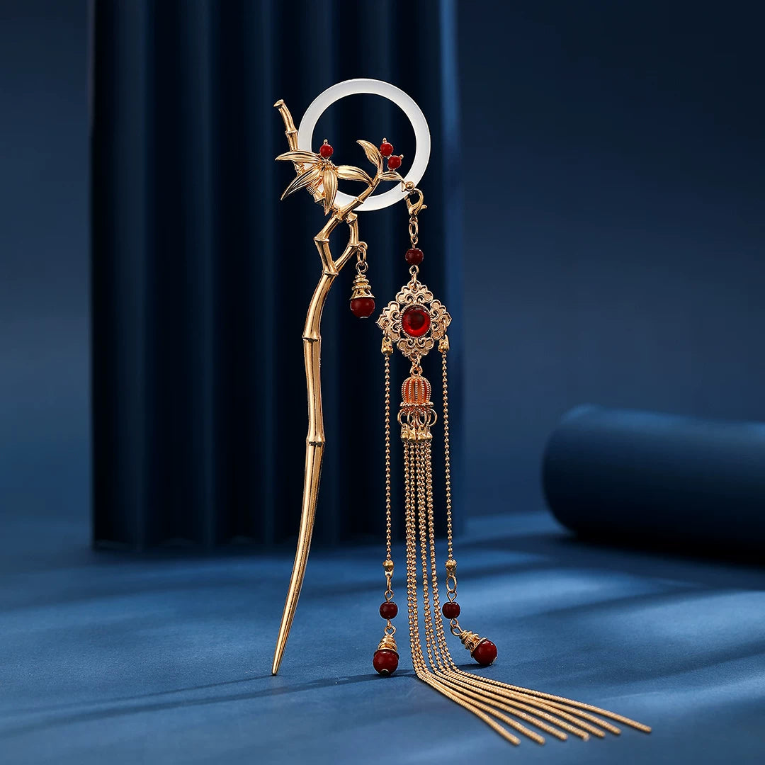 Gold bamboo and orchid tassel hairpin with red beads