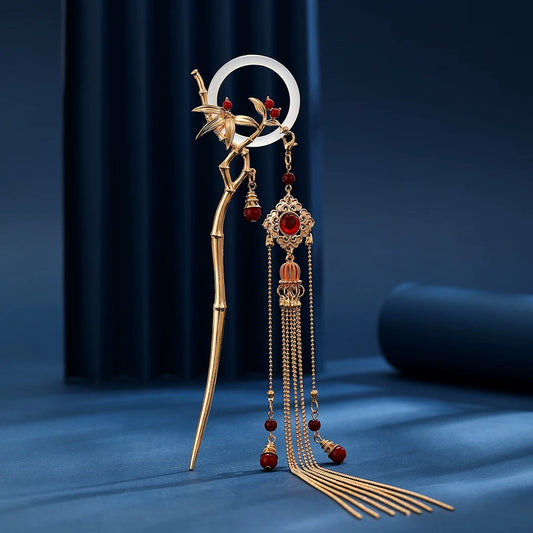 Gold bamboo and orchid tassel hairpin with red beads