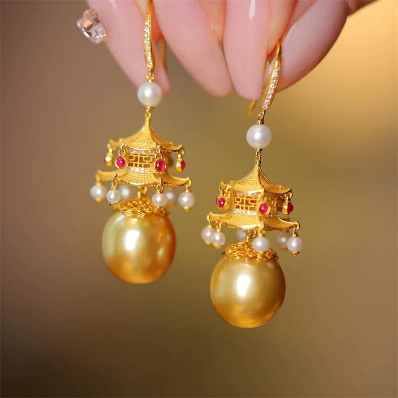 Pair of gold-tone pavilion and imitation pearl drop earrings