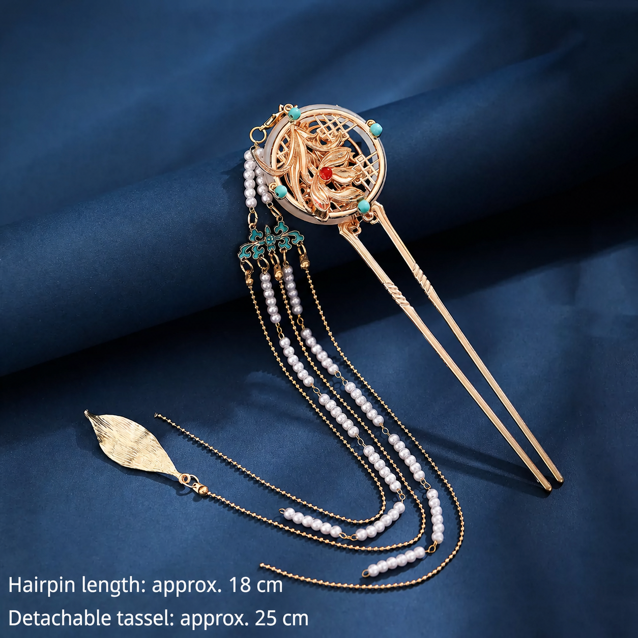 Gold phoenix double-prong hair comb with detachable pearl tassel and English dimensions