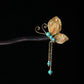 Gold woven butterfly hairpin with dark wood hair stick, full product view
