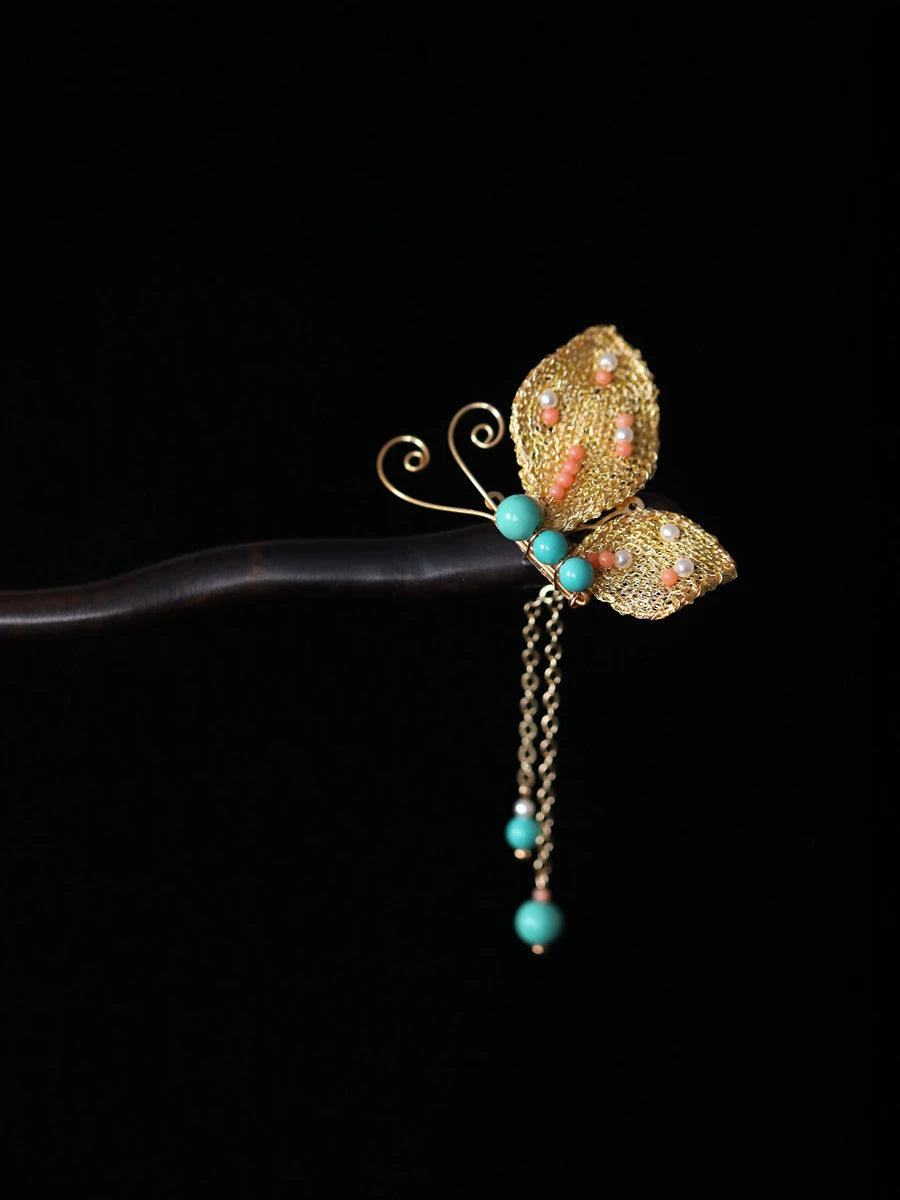 Gold woven butterfly hairpin with dark wood hair stick, full product view