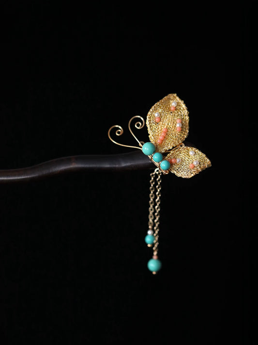 Gold woven butterfly hairpin with dark wood hair stick, full product view