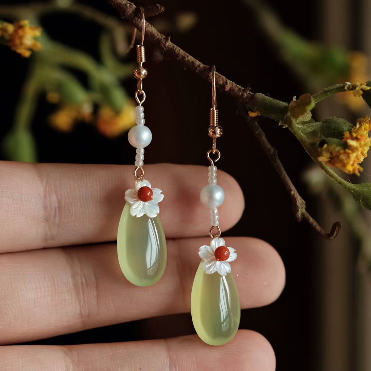 Green agate and freshwater pearl floral drop earrings with copper hooks