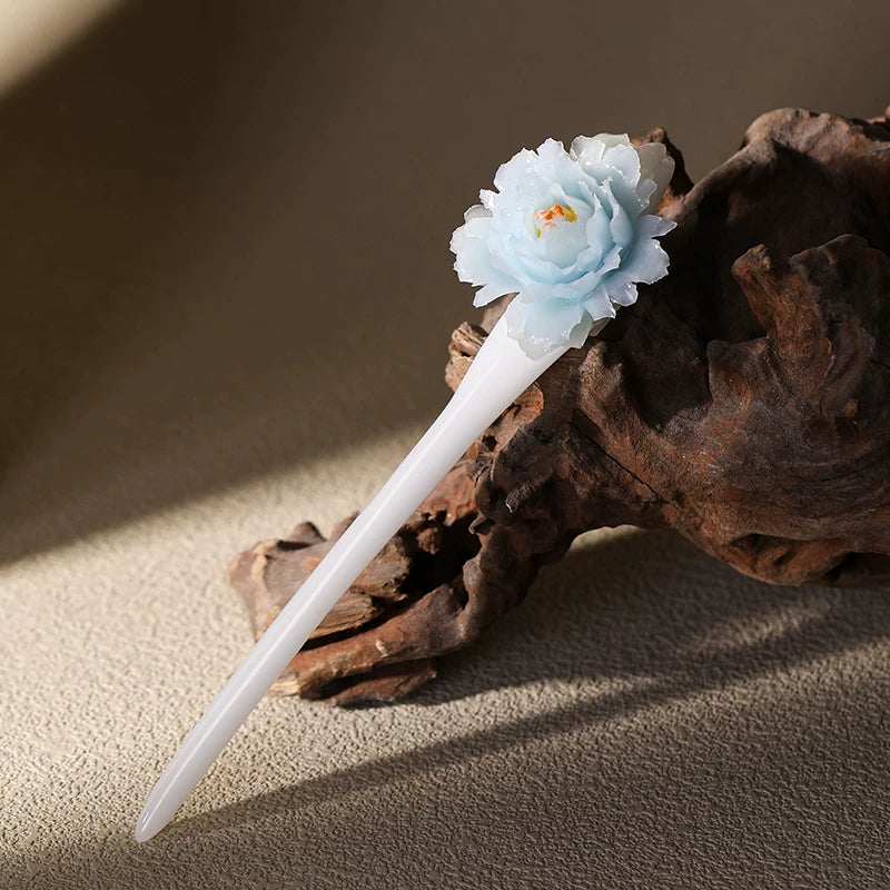 Ice blue peony ceramic hairpin with a smooth white stick