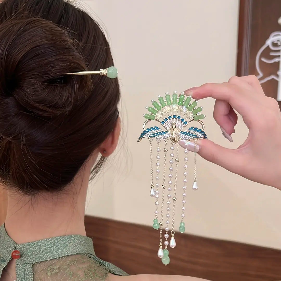 New Chinese Style Green Peacock Hairpin Set – Elegant Hanfu Hair Accessories with Tassels