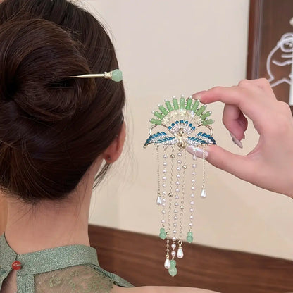 Set mit Haarnadeln im neuen chinesischen Stil mit grünem Pfau – Elegante Hanfu-Haaraccessoires mit Quasten