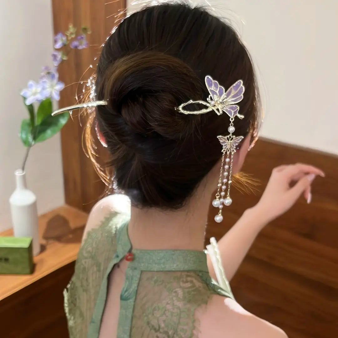 Elegant Chinese Hairpin – Smoky Purple Butterfly Beaded Tassel | New Oriental Style Hanfu Accessories